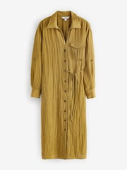 Olive Green Tie Front Long Sleeve Textured Utility Shirt Dress - Image 5 of 6