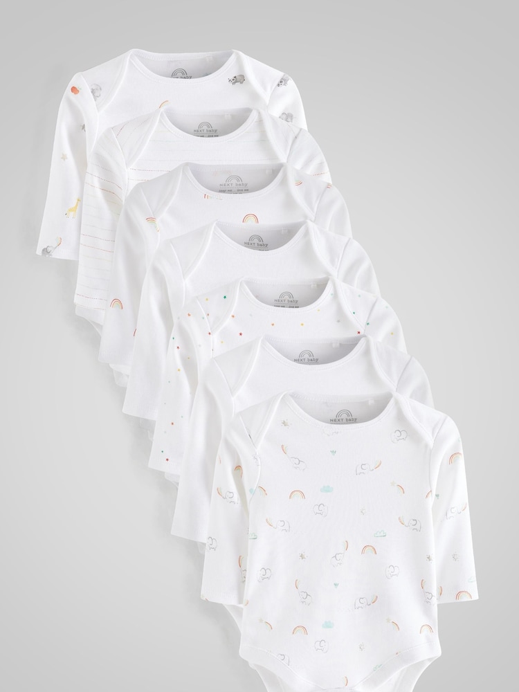 White Bright Animal 7 Pack Baby Printed Long Sleeve Bodysuits - Image 1 of 5