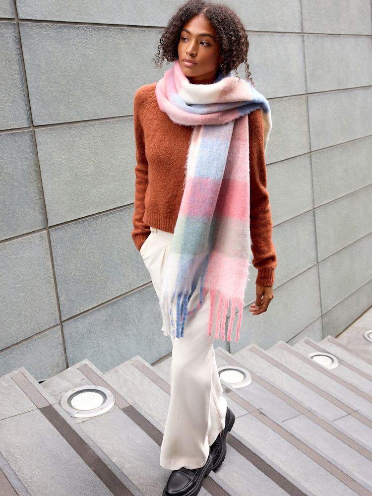 Pink/Blue Check Heavyweight Tassel Trim Blanket Scarf - Image 1 of 5