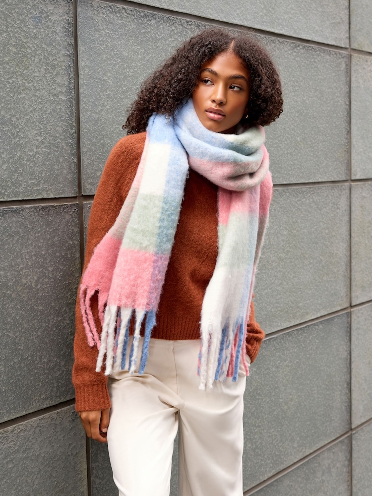 Pink/Blue Check Heavyweight Tassel Trim Blanket Scarf - Image 2 of 5