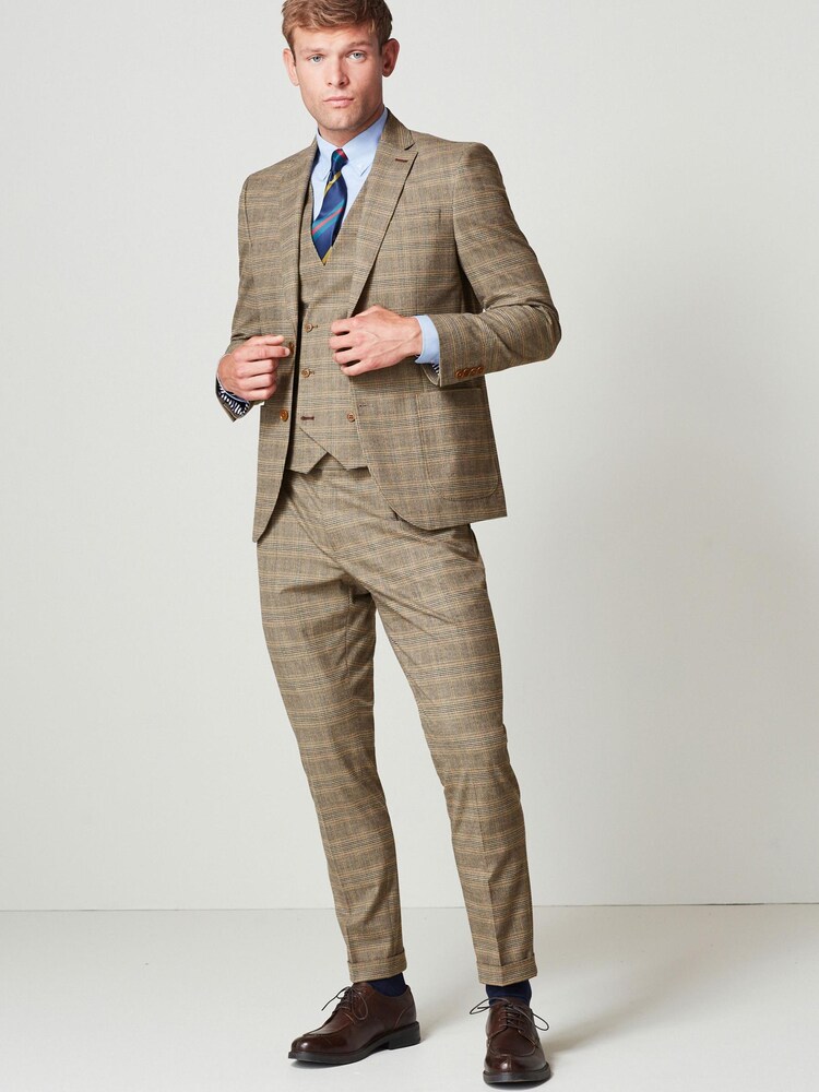 Taupe Brown Check Suit: Jacket - Image 3 of 11