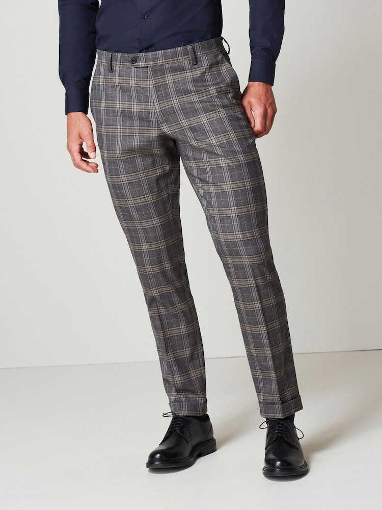 Brown Slim Fit Trimmed Check Suit: Trousers - Image 1 of 9 Brown Slim Fit Trimmed Check Suit: Trousers - Image 1 of 9