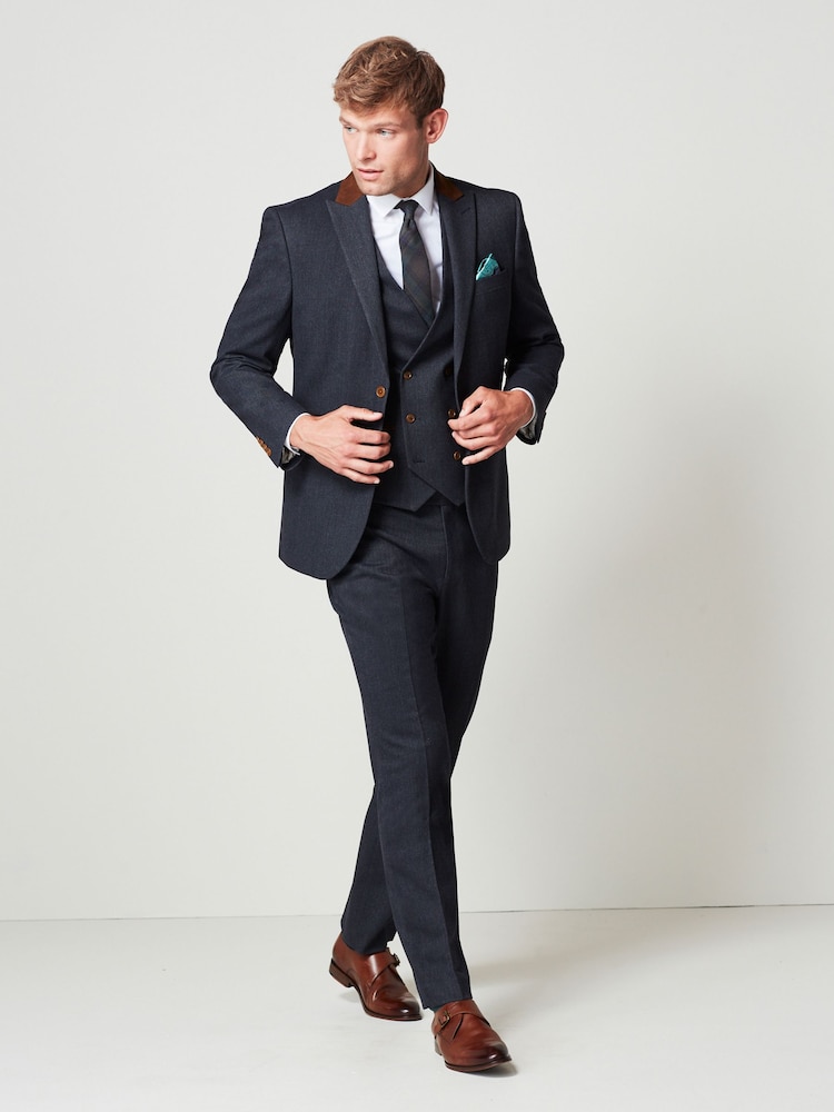 Navy Regular Fit Trimmed Donegal Fabric Suit Waistcoat - Image 3 of 11