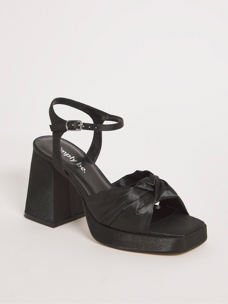 Simply Be Black Satin Knotted Platform Block Heel Sandals - Image 2 of 3