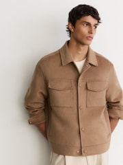 Reiss Camel Warner Monogram Wool-Blend Press-Stud Overshirt - Image 1 of 8