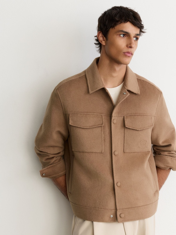 Reiss Camel Warner Monogram Wool-Blend Press-Stud Overshirt - Image 1 of 8