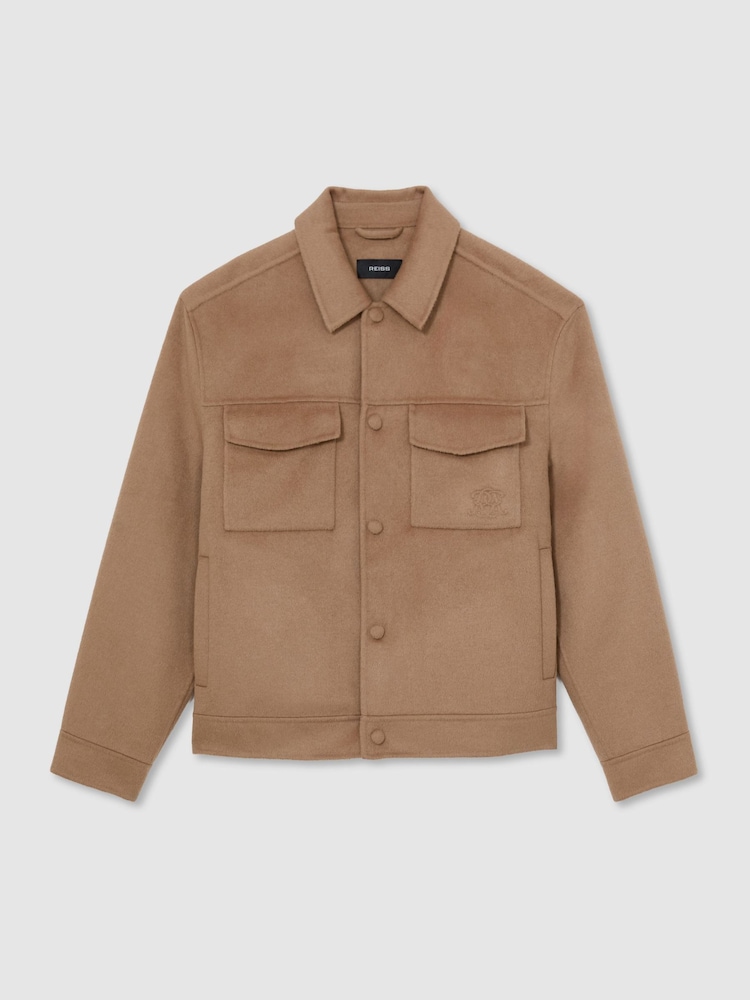 Reiss Camel Warner Monogram Wool-Blend Press-Stud Overshirt - Image 2 of 8