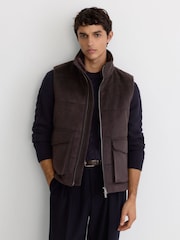 Reiss Chocolate Brown Alps Wool-Blend Faux Fur-Collar Quilted Gilet - Image 1 of 8