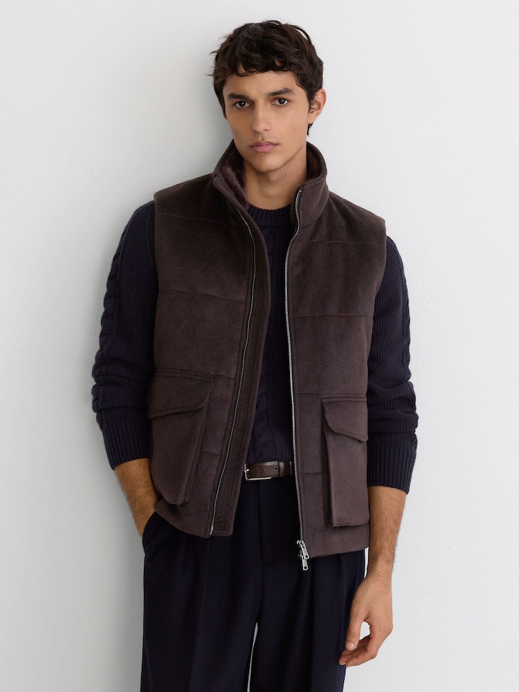 Reiss Chocolate Brown Alps Wool-Blend Faux Fur-Collar Quilted Gilet - Image 1 of 8 Reiss Chocolate Brown Alps Wool-Blend Faux Fur-Collar Quilted Gilet - Image 1 of 8
