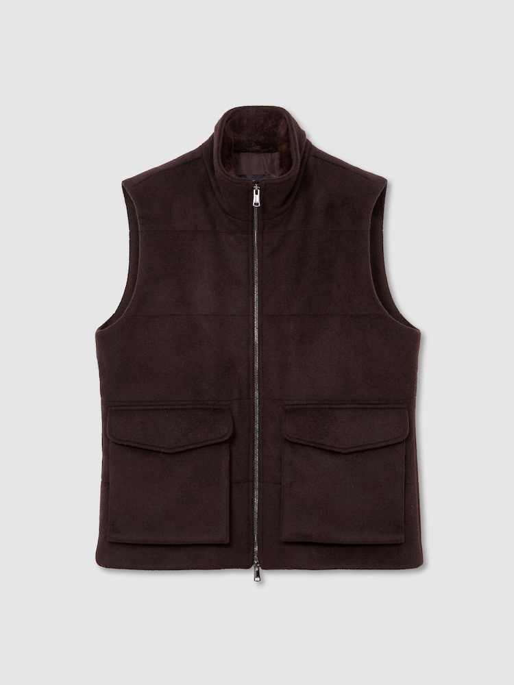 Reiss Chocolate Brown Alps Wool-Blend Faux Fur-Collar Quilted Gilet - Image 2 of 8 Reiss Chocolate Brown Alps Wool-Blend Faux Fur-Collar Quilted Gilet - Image 2 of 8