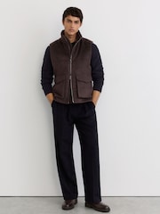 Reiss Chocolate Brown Alps Wool-Blend Faux Fur-Collar Quilted Gilet - Image 3 of 8