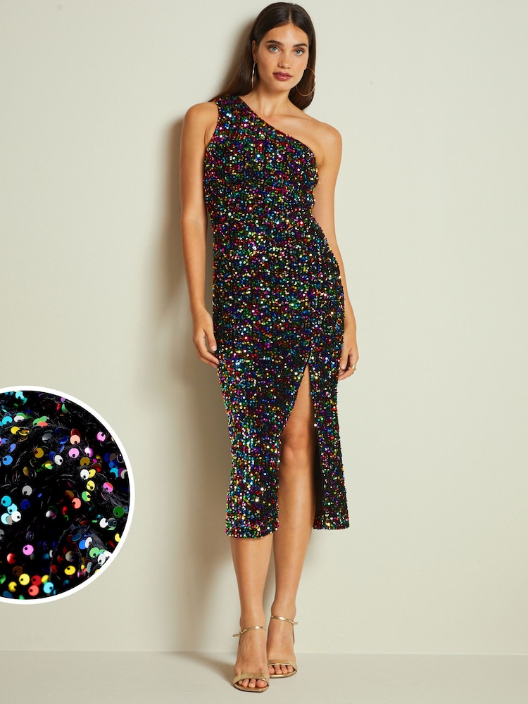 Rainbow Sequin One Shoulder Midi Dress - Image 1 of 6