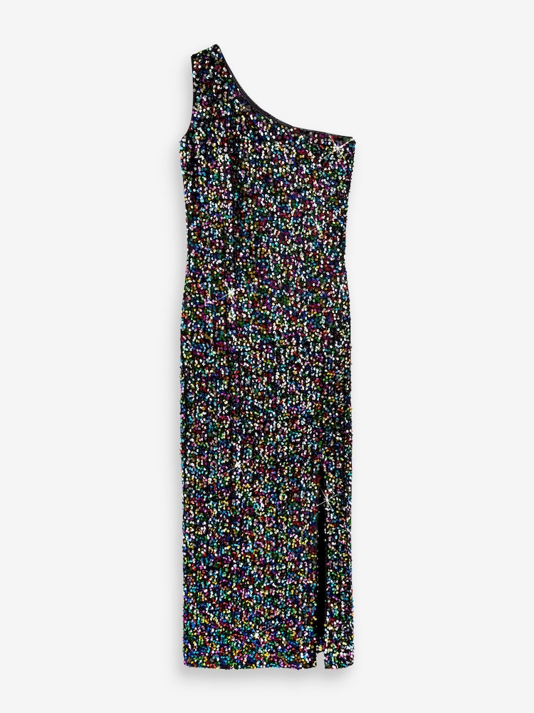 Rainbow Sequin One Shoulder Midi Dress - Image 2 of 6