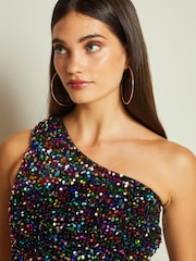 Rainbow Sequin One Shoulder Midi Dress - Image 4 of 6