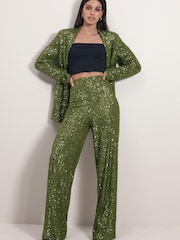 Green Sequin Wide Leg Trousers - Image 1 of 6