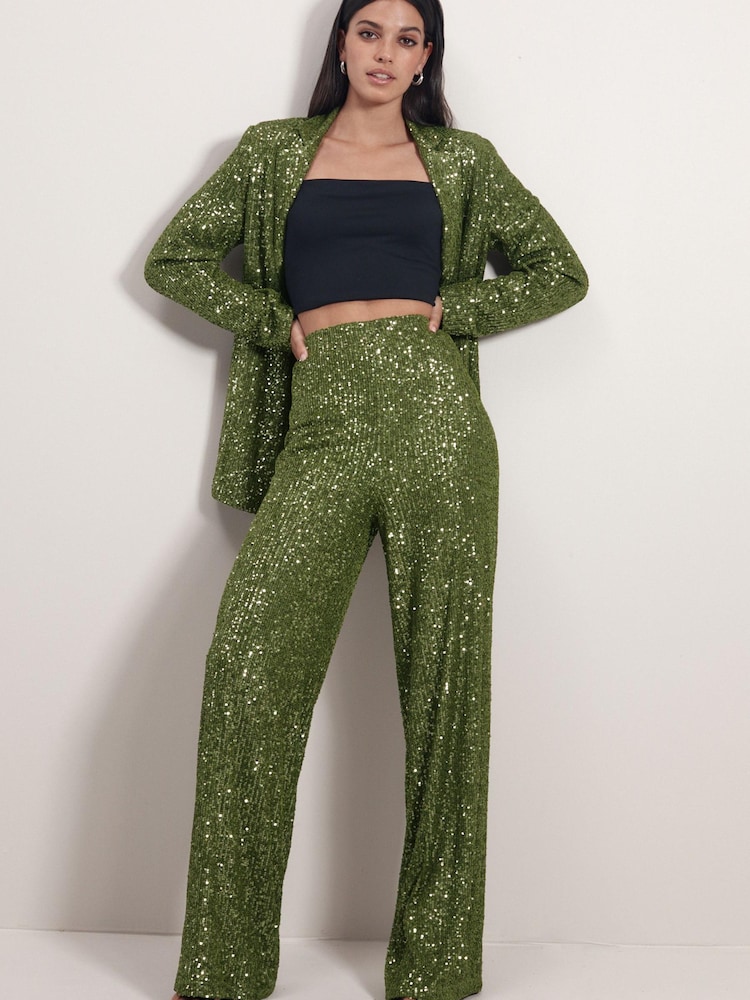 Green Sequin Wide Leg Trousers - Image 1 of 6