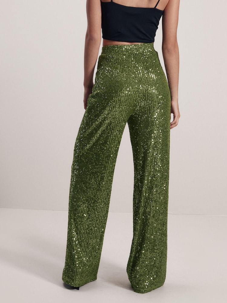 Green Sequin Wide Leg Trousers - Image 2 of 6