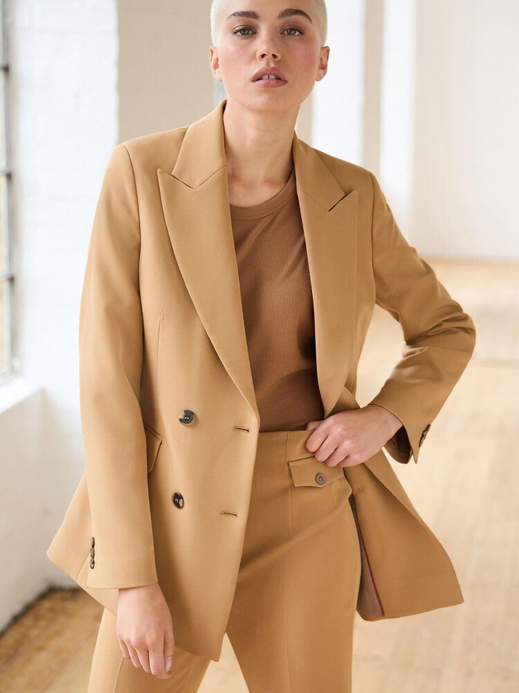 Camel Brown Tailored Crepe Double Breasted Blazer - Image 1 of 7