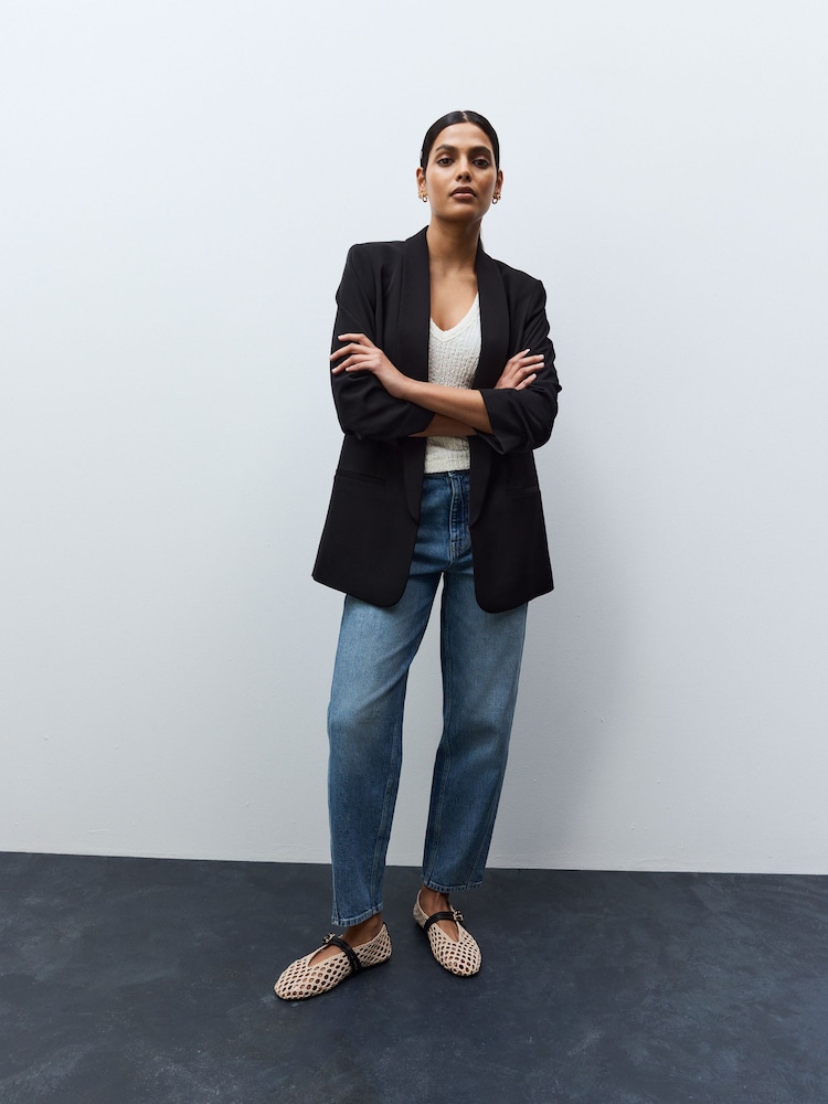 Svart - Avslappnad Ruched Sleeve Kavaj - Bild 2 av 6