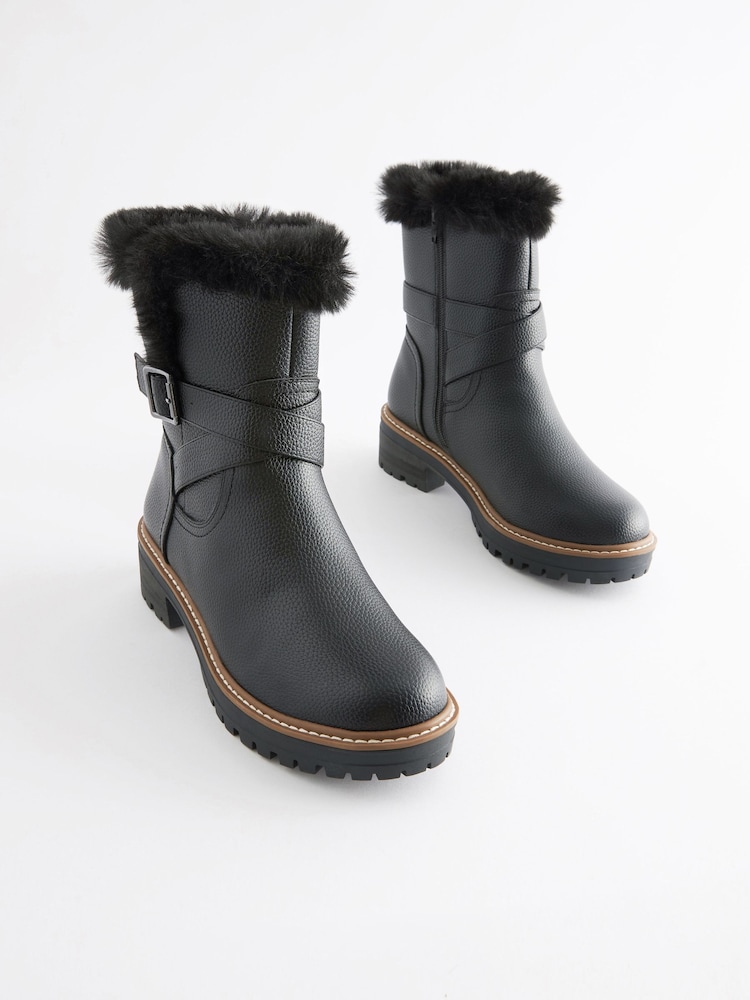 Black Forever Comfort® Faux Fur Lined Buckle Detail Boots - Image 1 of 5