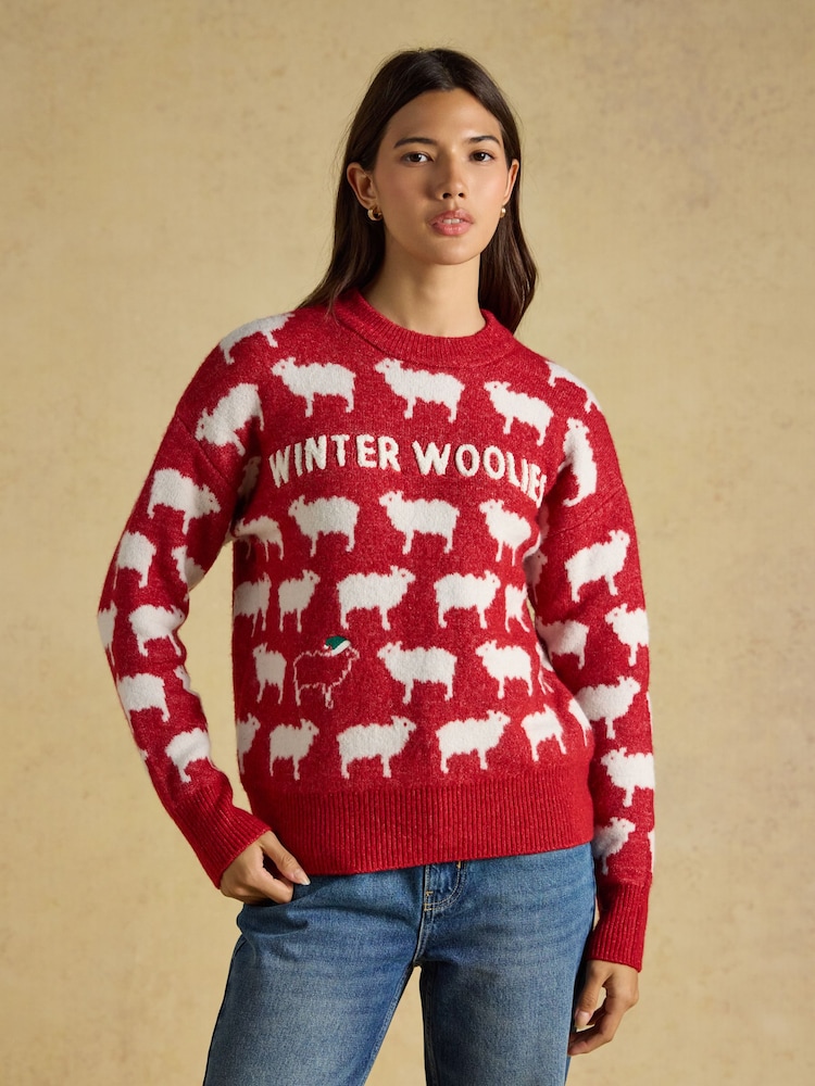 Rød - Joules Sheep Icon Crew Neck Knitted Jumper - Bilde 1 av 5 Rød - Joules Sheep Icon Crew Neck Knitted Jumper - Bilde 1 av 5