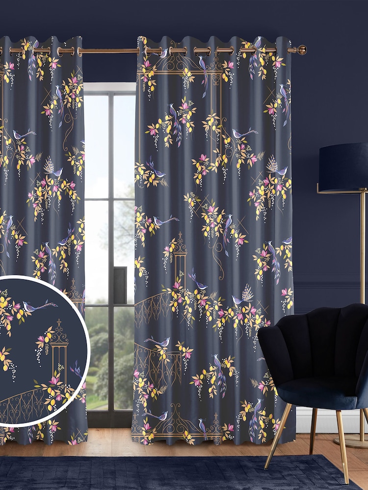 Sara Miller Navy Birds & Gate Made to Measure Curtains - Image 1 of 9