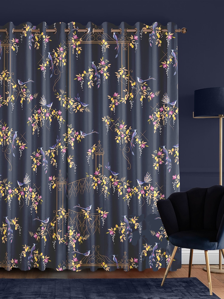 Sara Miller Navy Birds & Gate Made to Measure Curtains - Image 2 of 9
