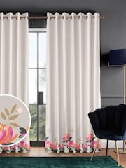 Sara Miller Pale Grey 100% Cotton Peony Border Made to Measure Curtains - Image 1 of 9