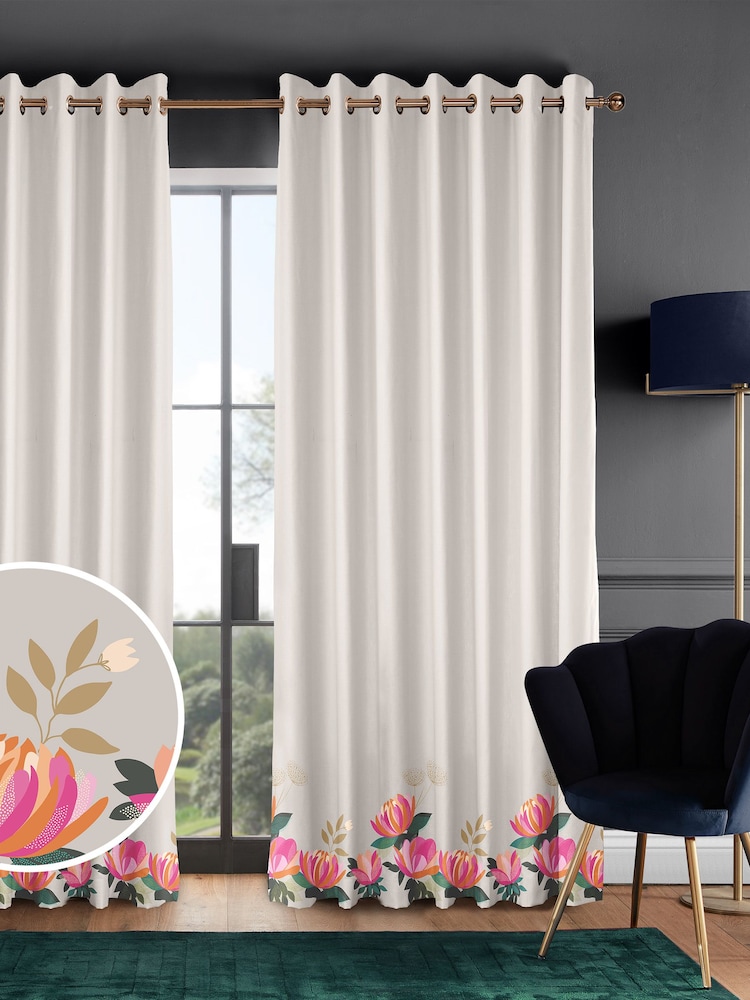 Sara Miller Pale Grey 100% Cotton Peony Border Made to Measure Curtains - Image 1 of 9