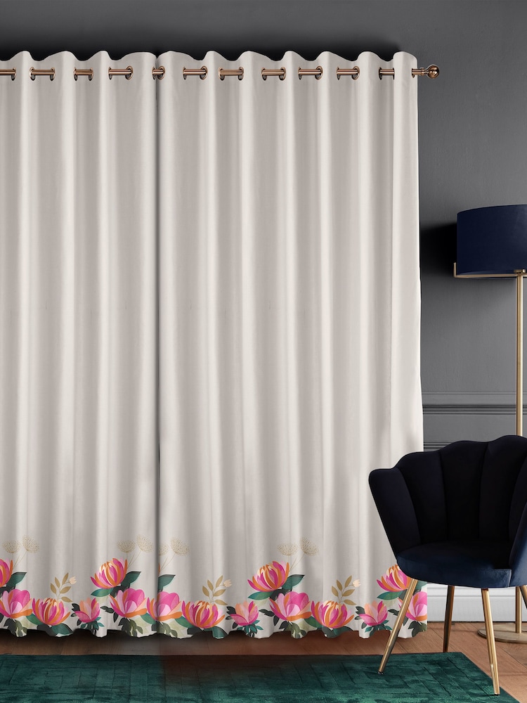 Sara Miller Pale Grey 100% Cotton Peony Border Made to Measure Curtains - Image 2 of 9