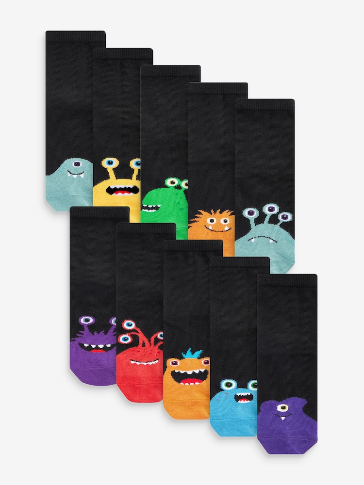 Black/Bright Monsters Cotton Rich Socks 10 Pack - Image 1 of 11