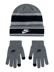 Nike Grey Kids Multi Stripe Beanie Hat and Gloves Set - Image 1 of 4