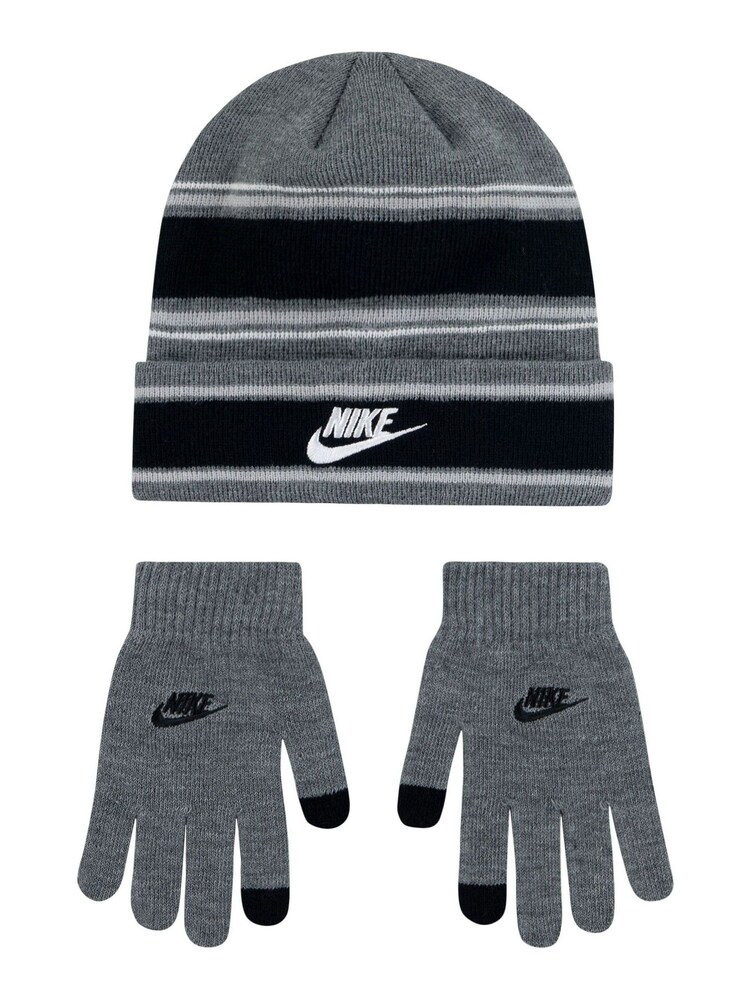Nike Grey Kids Multi Stripe Beanie Hat and Gloves Set - Image 1 of 4