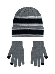 Nike Grey Kids Multi Stripe Beanie Hat and Gloves Set - Image 2 of 4