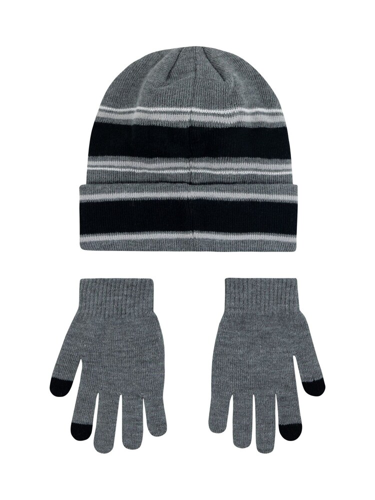 Nike Grey Kids Multi Stripe Beanie Hat and Gloves Set - Image 2 of 4