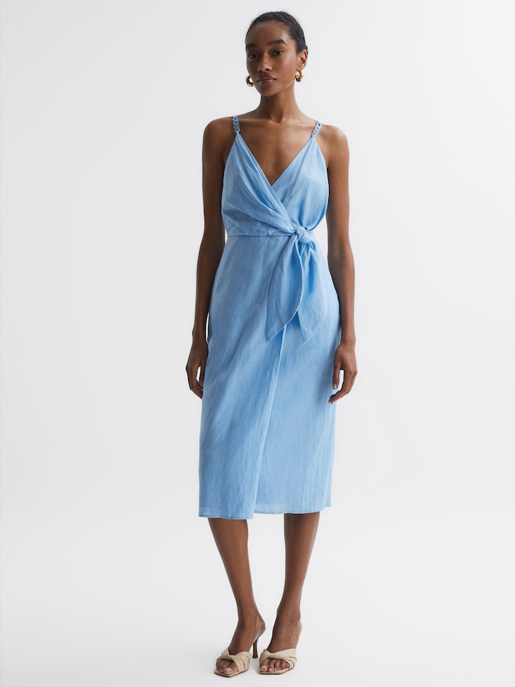 Reiss Blue Esme Linen Side Tie Midi Dress - Image 1 of 6