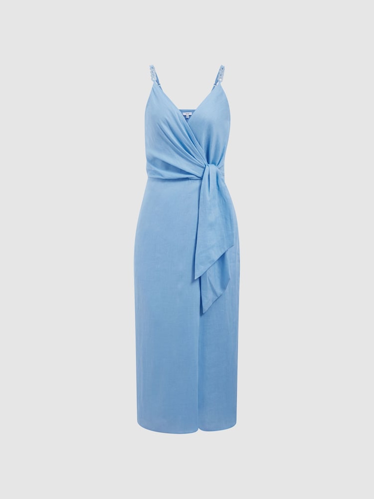 Reiss Blue Esme Linen Side Tie Midi Dress - Image 2 of 6