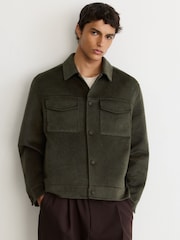 Reiss Dark Green Warner Monogram Wool-Blend Press-Stud Overshirt - Image 1 of 7