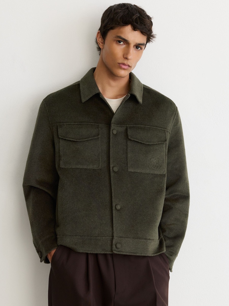 Reiss Dark Green Warner Monogram Wool-Blend Press-Stud Overshirt - Image 1 of 7