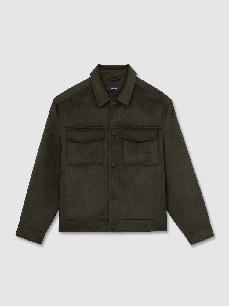 Reiss Dark Green Warner Monogram Wool-Blend Press-Stud Overshirt - Image 2 of 7