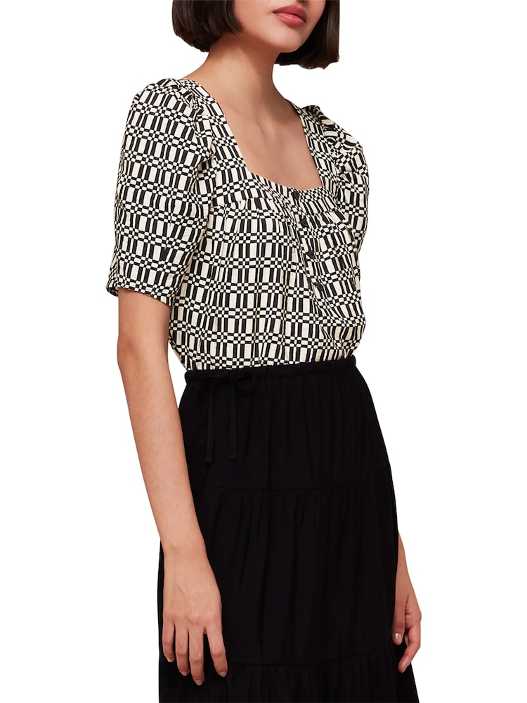 Whistles Black Link Check Square Neck Top - Image 1 of 4