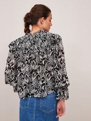 Black and White Feather Print Ruffle Shirred Long Sleeve Blouse - Image 2 of 5