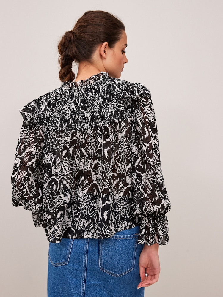 Black and White Feather Print Ruffle Shirred Long Sleeve Blouse - Image 2 of 5 Black and White Feather Print Ruffle Shirred Long Sleeve Blouse - Image 2 of 5