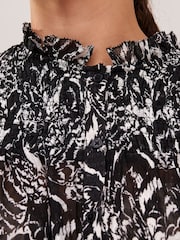Black and White Feather Print Ruffle Shirred Long Sleeve Blouse - Image 3 of 5