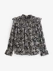 Black and White Feather Print Ruffle Shirred Long Sleeve Blouse - Image 4 of 5