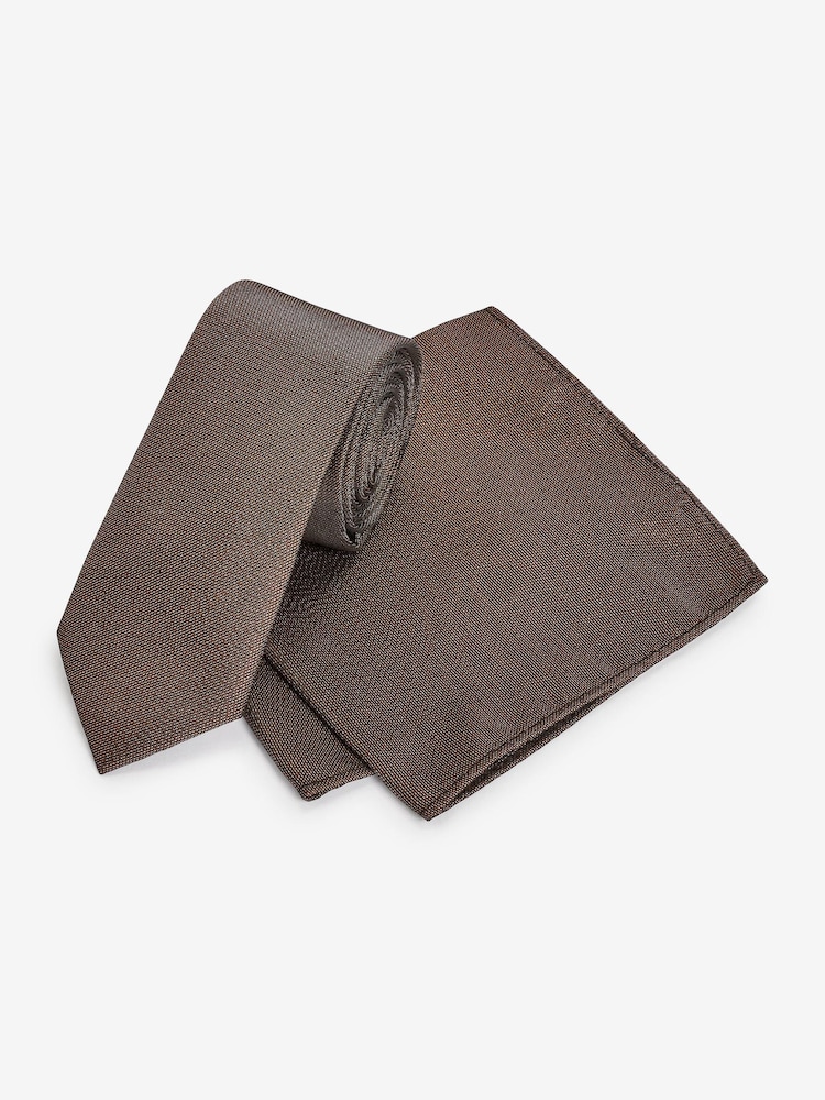 Bronze Brown Metallic Thread Slim Party Tie And Pocket Square Set - Image 1 of 4