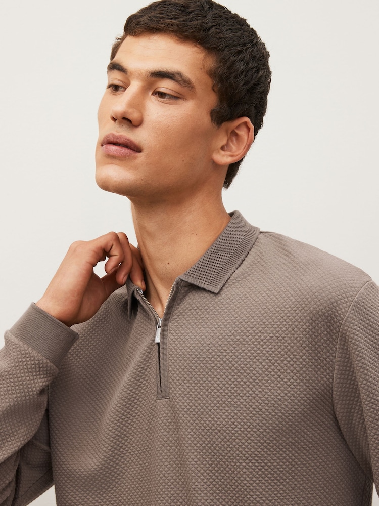 Natur/Braun - Langärmeliges, strukturiertes Polo-Shirt - Bild 1 von 9