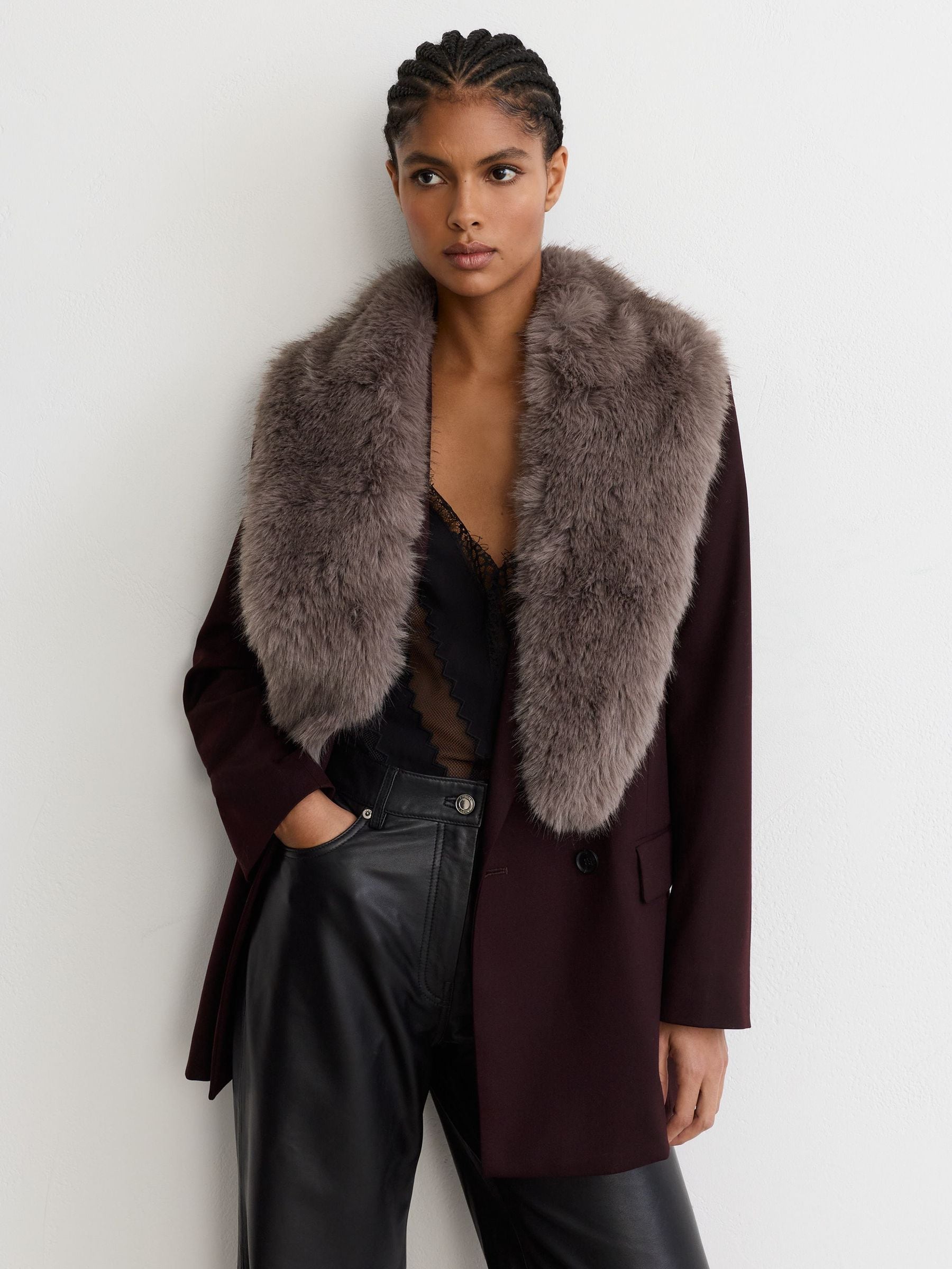 Reiss Taupe Faux-fur Collar