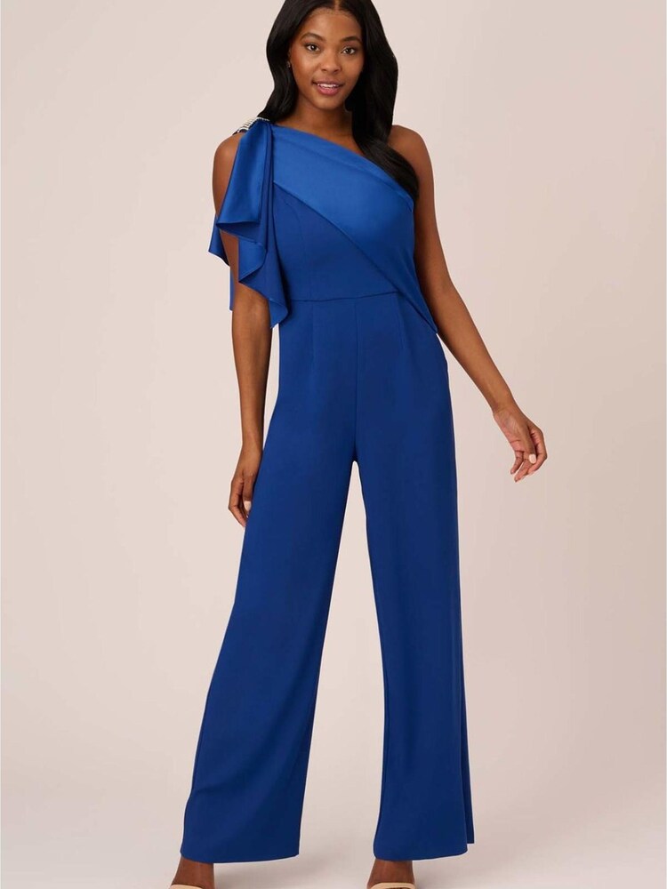 Adrianna Papell Blue Satin Crepe Draped Jumpsuit - Image 1 of 7 Adrianna Papell Blue Satin Crepe Draped Jumpsuit - Image 1 of 7