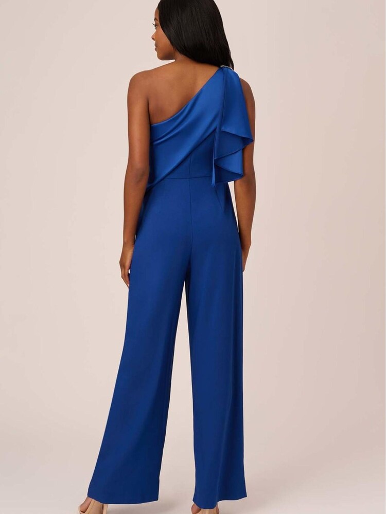 Adrianna Papell Blue Satin Crepe Draped Jumpsuit - Image 2 of 7 Adrianna Papell Blue Satin Crepe Draped Jumpsuit - Image 2 of 7